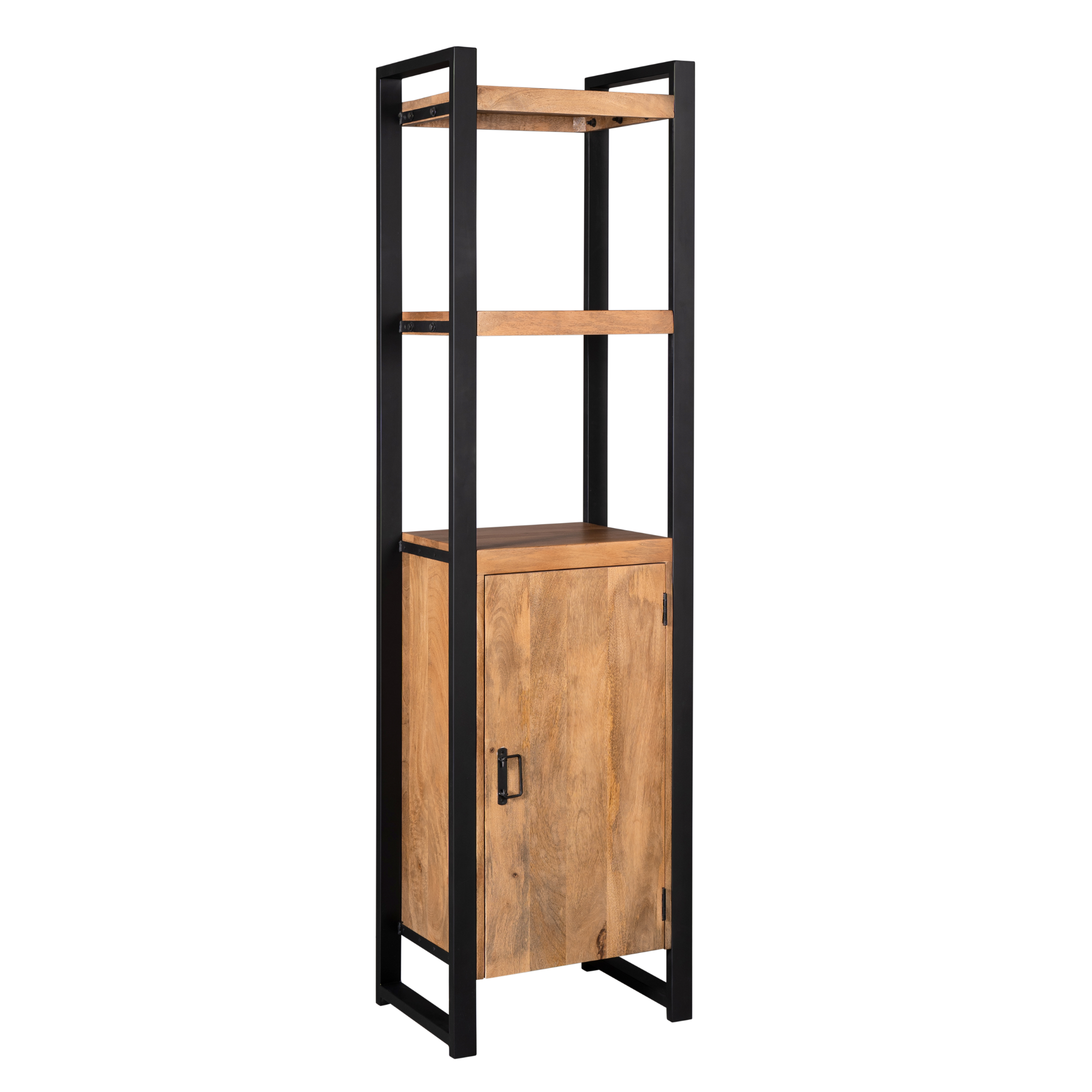 Boekenkast Boaz | 1 deur is een hoge kast met een zwart metalen frame, twee open houten planken en een houten kast met deur en handvat aan de onderkant, met een modern industrieel ontwerp.