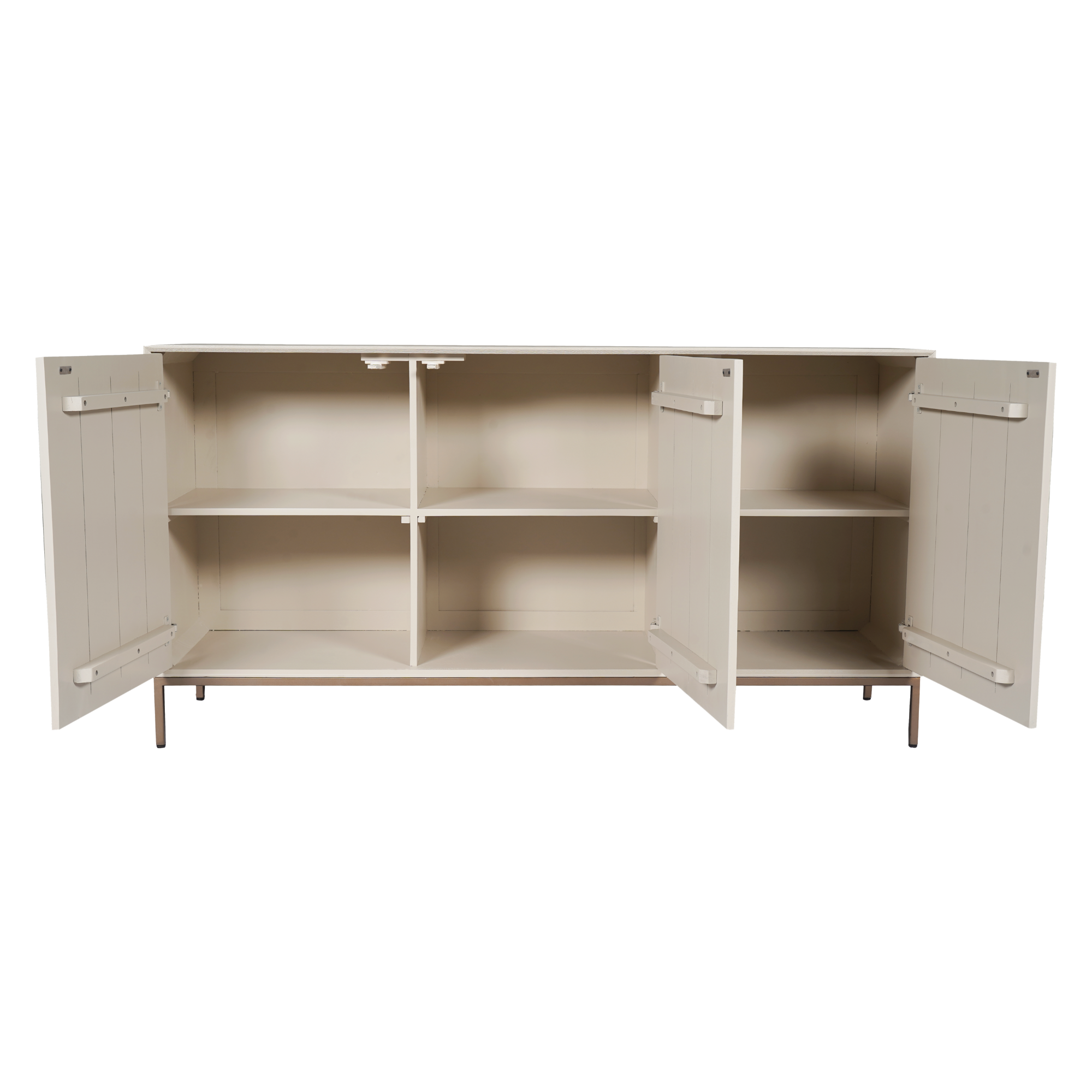 De Dressoir Madison Sand (165 cm) is een beige houten kast met vier open deuren die elk twee planken in aparte compartimenten onthullen, en staat op slanke metalen poten.