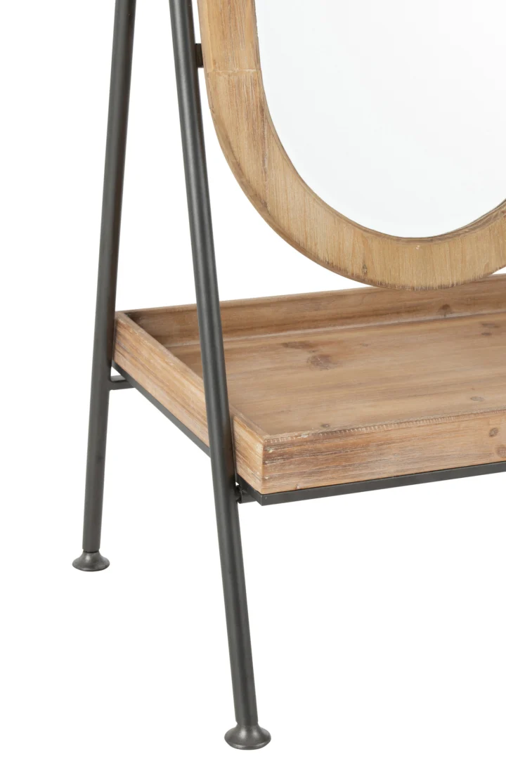 Een close-up van de Mirror Standing+Shelf Metal/Wood Brown, met een rechthoekig houten frame en bijpassende plank, beide ondersteund door zwarte metalen poten.