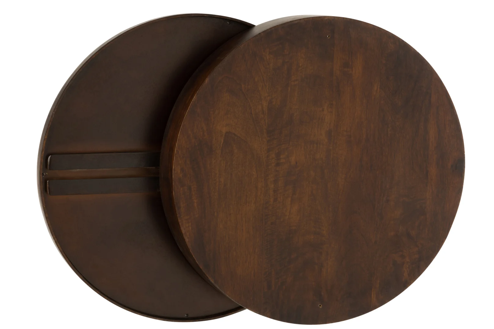 De Mirror Slidable Wall Rack Conie is een ronde, mangohouten wandplank in donkerbruin met een cirkelvormig ontwerp, rijke gepolijste afwerking en een verzonken opberggedeelte verborgen achter het massieve voorpaneel.