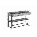 Sidetable Denver | Mangohout en metaal: Moderne console tafel met twee lades en een onderplank. Afmetingen: 120 cm breed, 35 cm diep, 76 cm hoog. Lades en schap zijn voorzien van maatlabels.