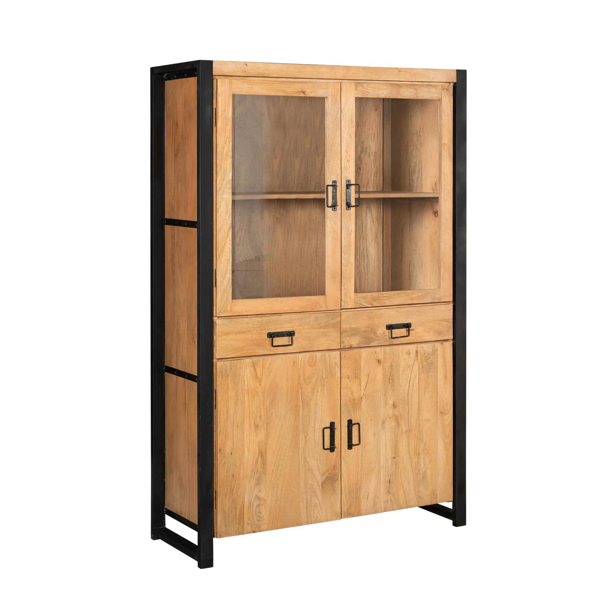 De Vitrinekast Boaz 115 cm is een hoge houten kast met een zwart metalen frame, twee glazen bovendeuren, twee centrale lades en twee massieve onderdeuren, perfect voor stijlvol opbergen en uitstallen.