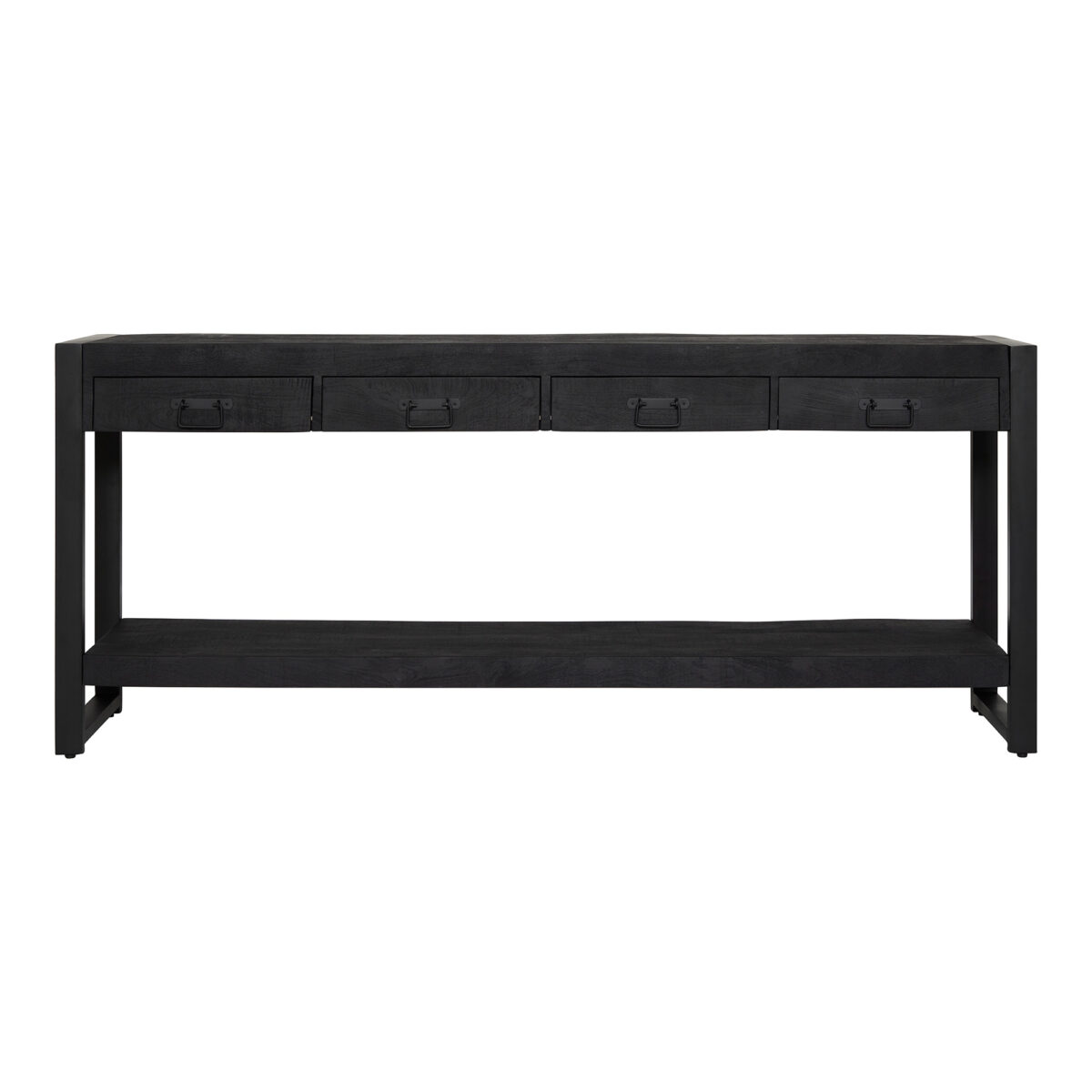 De Sidetable Boaz ZWART | 180 cm is een moderne zwarte houten console met vier lades, minimalistische metalen handgrepen, een open onderste plank en een strak rechthoekig ontwerp.