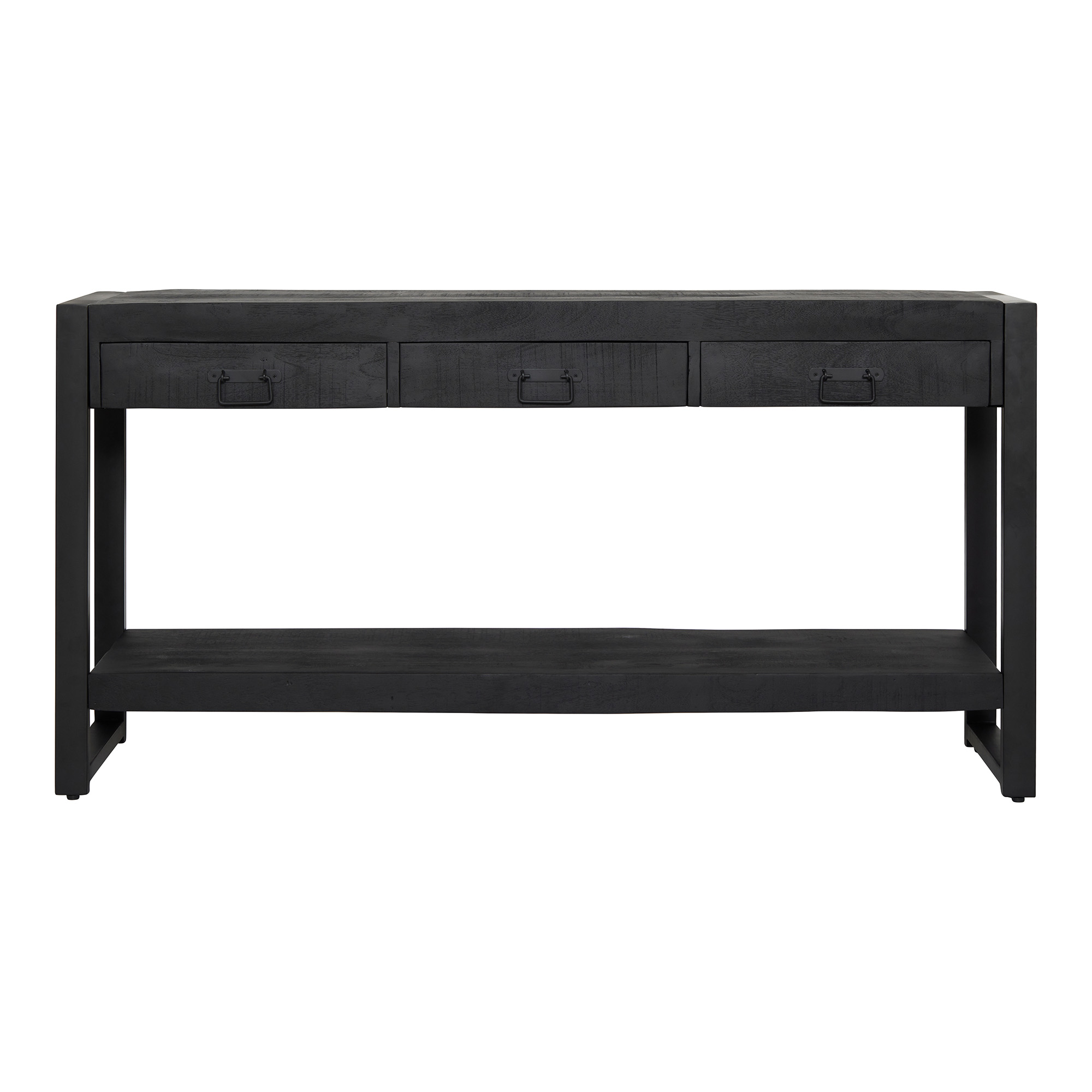 De Sidetable Boaz Zwart | 150 cm is een zwarte houten consoletafel met drie laden, een onderste plank, moderne lijnen en metalen handgrepen.