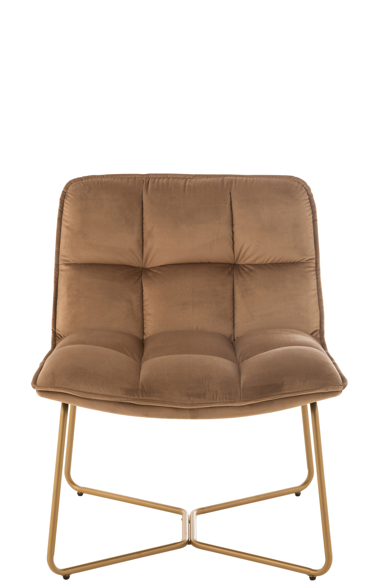 Vooraanzicht van de Ligstoel Lisa Bruin Metaal/Textiel, een moderne bruine accentstoel met getufte rugleuning en zitting, voorzien van slanke goudkleurige metalen gekruiste poten. De stoel wordt getoond tegen een effen witte achtergrond.