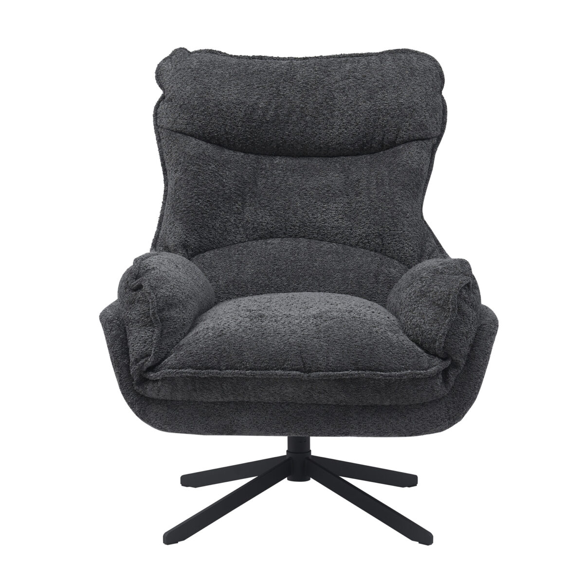 Ervaar comfort en ondersteuning met de Fauteuil Vera Dark Grey, een moderne loungestoel met zachte kussens, een hoge rugleuning, brede armleuningen en een pluche zitting op een zwart metalen draaivoet.