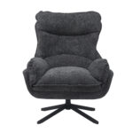 Ervaar comfort en ondersteuning met de Fauteuil Vera Dark Grey, een moderne loungestoel met zachte kussens, een hoge rugleuning, brede armleuningen en een pluche zitting op een zwart metalen draaivoet.