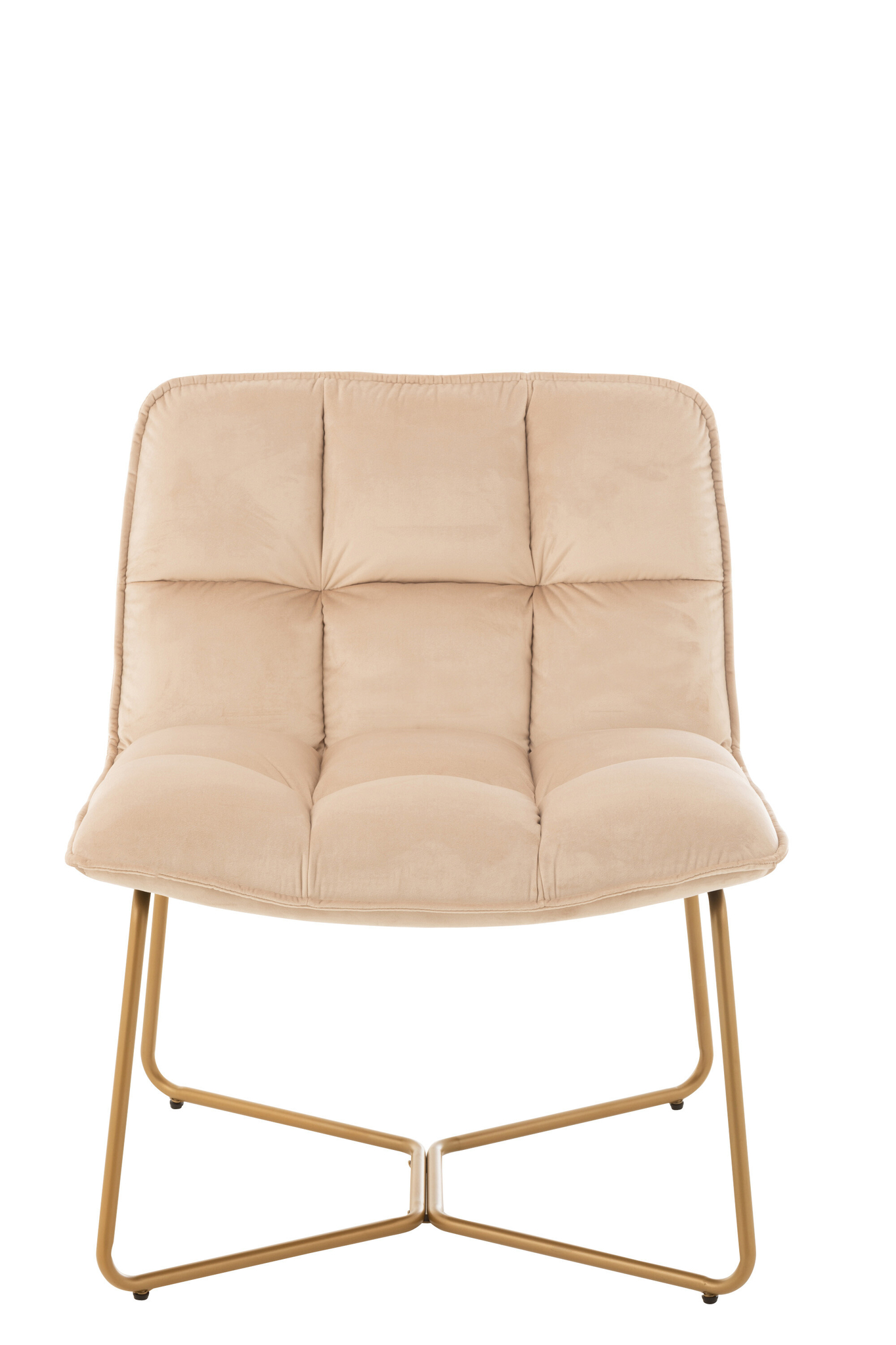 De Ligstoel Lisa Beige Metaal/Textiel is een moderne loungestoel met een pluche, getuft beige kussen en een strak, goudkleurig metalen frame tegen een witte achtergrond.