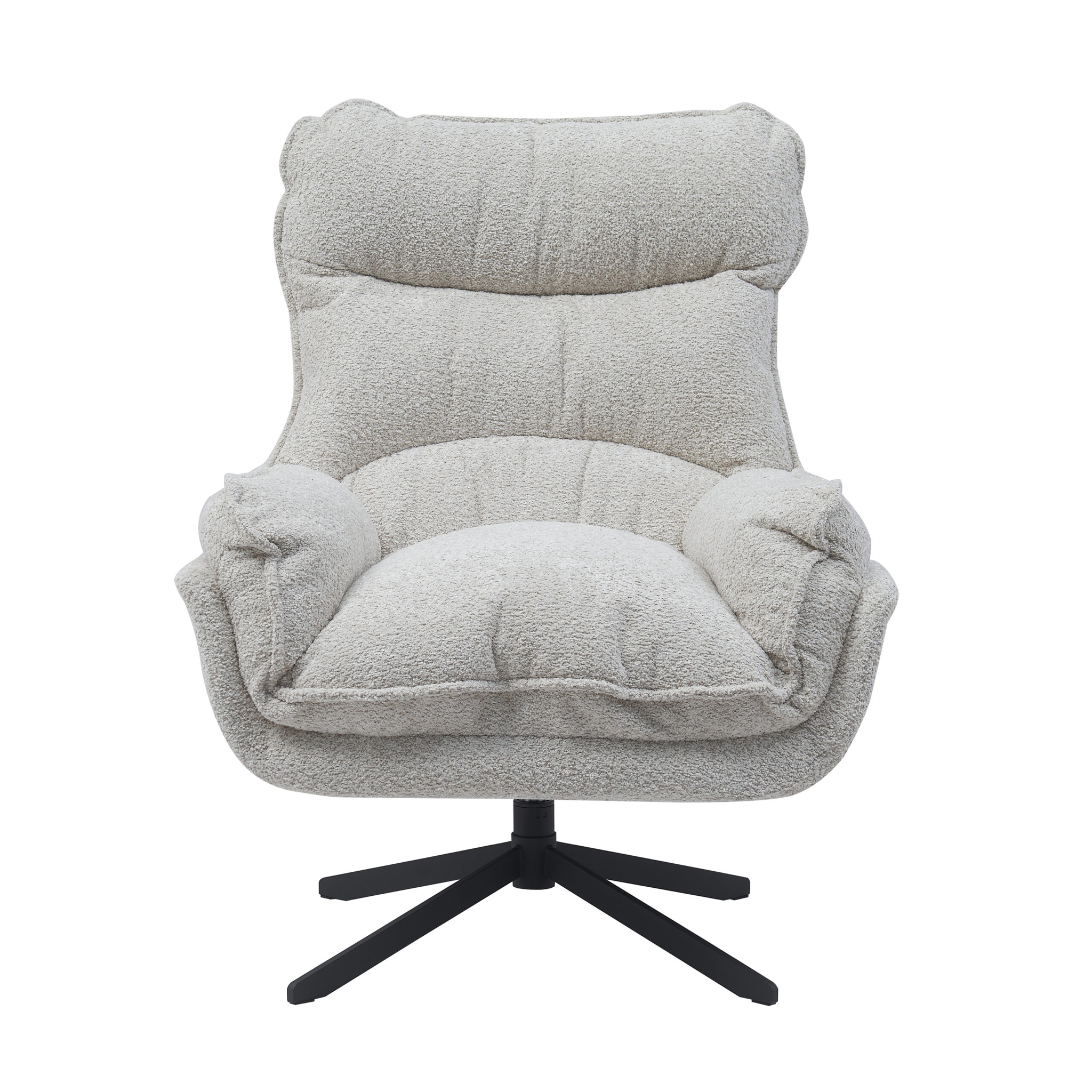 De Fauteuil Vera Off White is een pluche, moderne loungestoel met gestructureerde off-white bekleding, gecapitonneerde rugleuning, zitting en armen. Hij heeft een zwart metalen draaivoet met vier poten.