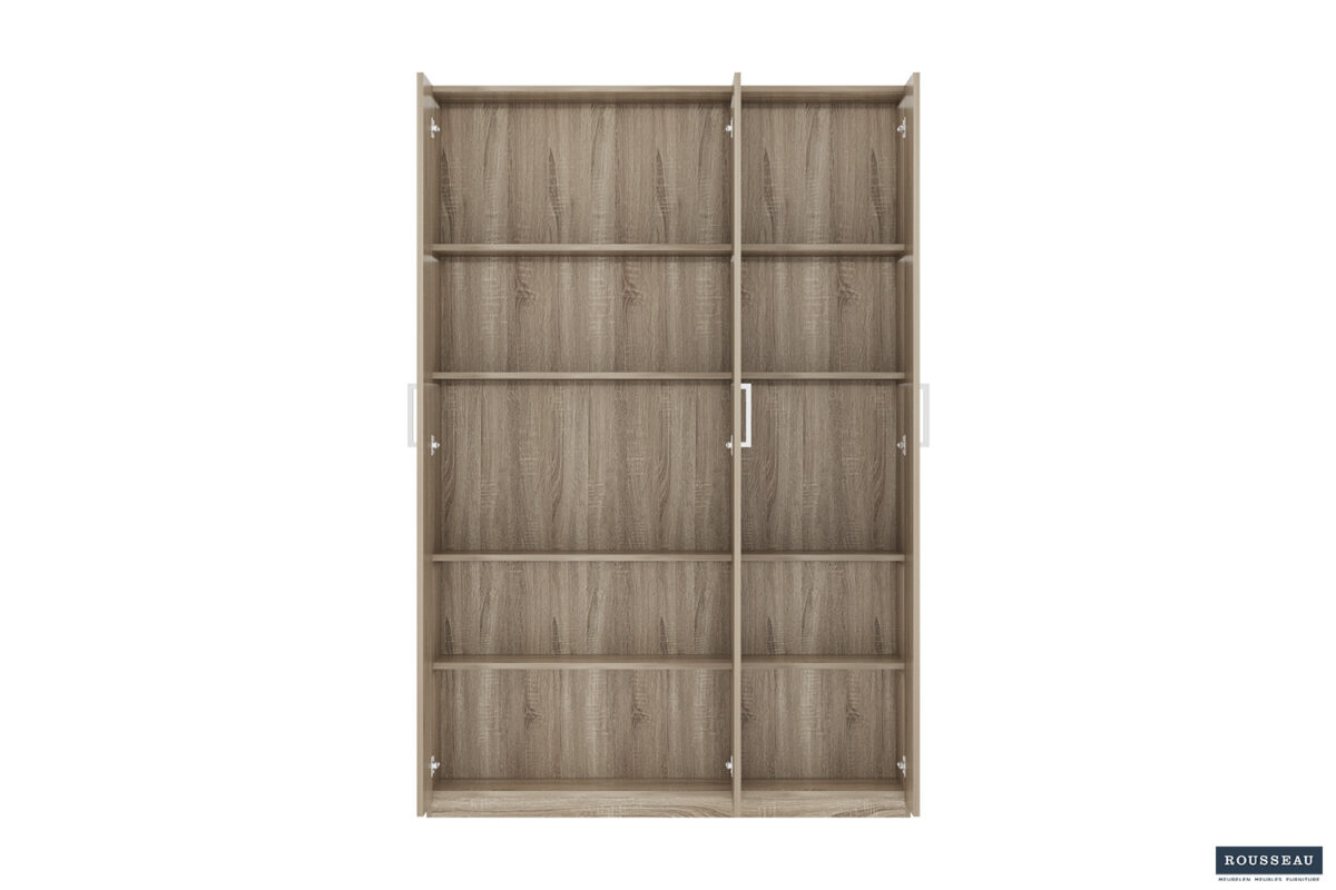 Een vooraanzicht van de Opbergkast 'Mike' 120 cm 3-deuren Sonoma (3c), een lege houten opbergkast met drie deuren en zilveren handgrepen, getoond tegen een witte achtergrond.