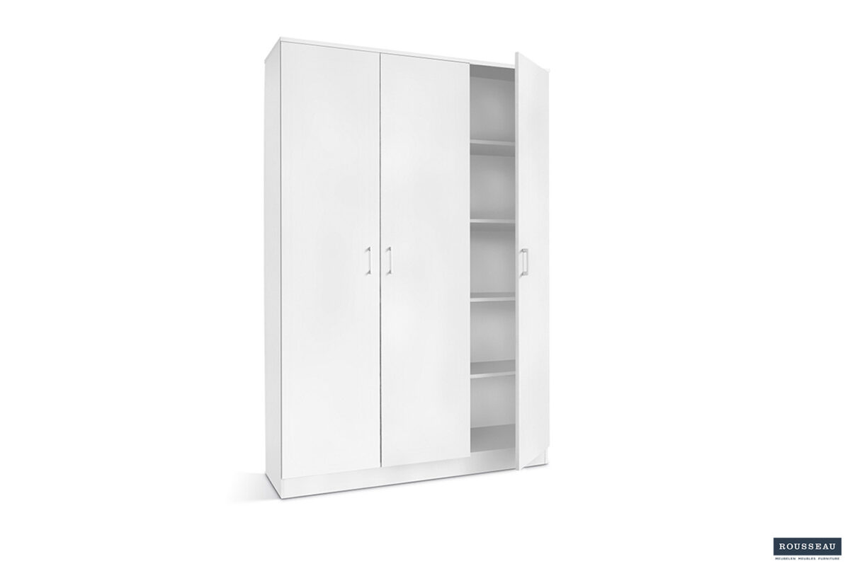 De Opbergkast 'Ray' is een witte driedeurskast waarvan één deur open is en vier binnenplanken laat zien. De kast heeft eenvoudige handgrepen en een minimalistisch ontwerp tegen een effen witte achtergrond.