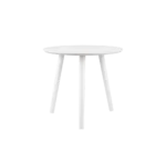 De Mirrors and More Bijzettafel VILANA is een ronde witte tafel met drie schuine poten, van voren gezien tegen een effen witte achtergrond.