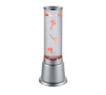 De REALITY Tafellamp JELLY is een cilindervormige zilveren lamp gevuld met helder water, met drie kleine gloeiende kunstkwallen die erin lijken te zweven. De lamp heeft een metalen voet en bovenkant.