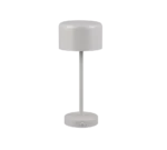 De REALITY Tafellamp JEFF is een moderne cilindervormige tafellamp met een matgrijze afwerking, brede ronde lampenkap, slanke centrale steel en ronde voet met een kleine knop.