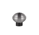 De REALITY Tafellamp EARL is een moderne, bolvormige lamp van geribbeld glas met een metallic afwerking op een korte cilindrische zwarte voet, tegen een witte achtergrond.