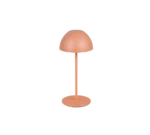De Reality Tafellamp Ortiz is een moderne, minimalistische tafellamp met een ronde koepelvormige kap, slanke voet en ronde voet, allemaal in mat oranje.