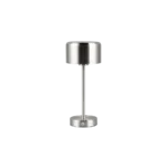 De REALITY Tafellamp JEFF is een moderne zilvermetalen tafellamp met een cilindrische kap en voet, een slanke centrale steel en een tiptoets op de voet.