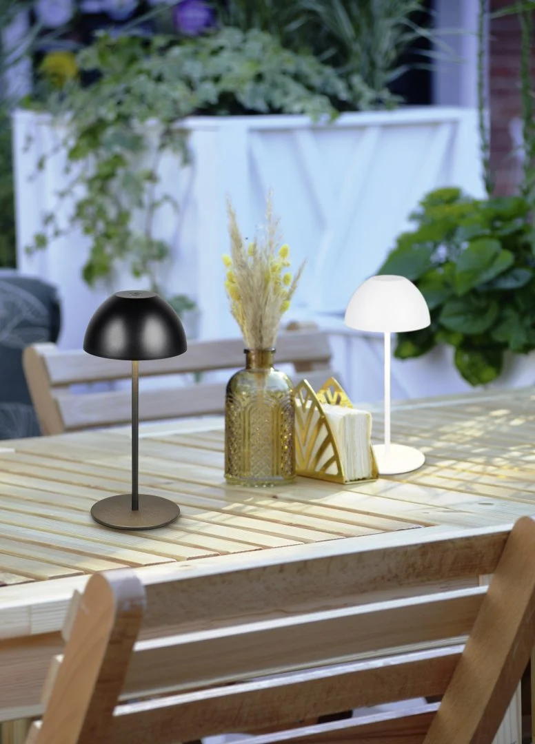 Een houten buitentafel met de Reality Tafellamp Ortiz, een decoratieve vaas met gedroogde bloemen en een gouden servethouder; omringd door houten stoelen en groene planten op de achtergrond.