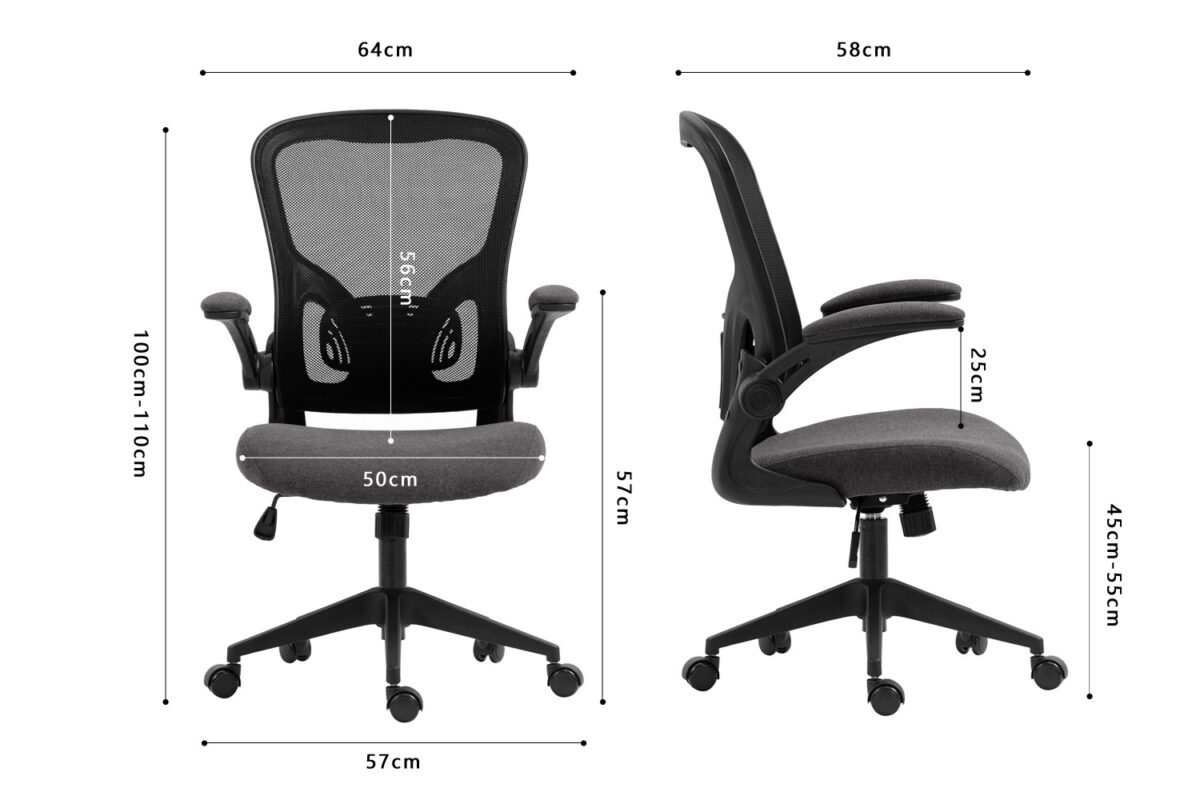 Bureaustoel 'Marcos' Mesh Zwart/Grijs (1c) met mesh rugleuning en gevoerde zitting, getoond van voren en opzij. Afmetingen: 100-110cm hoog, 64cm breed, 57cm diep; rughoogte 56cm, zitbreedte 50cm; arm- en zithoogte verstelbaar.