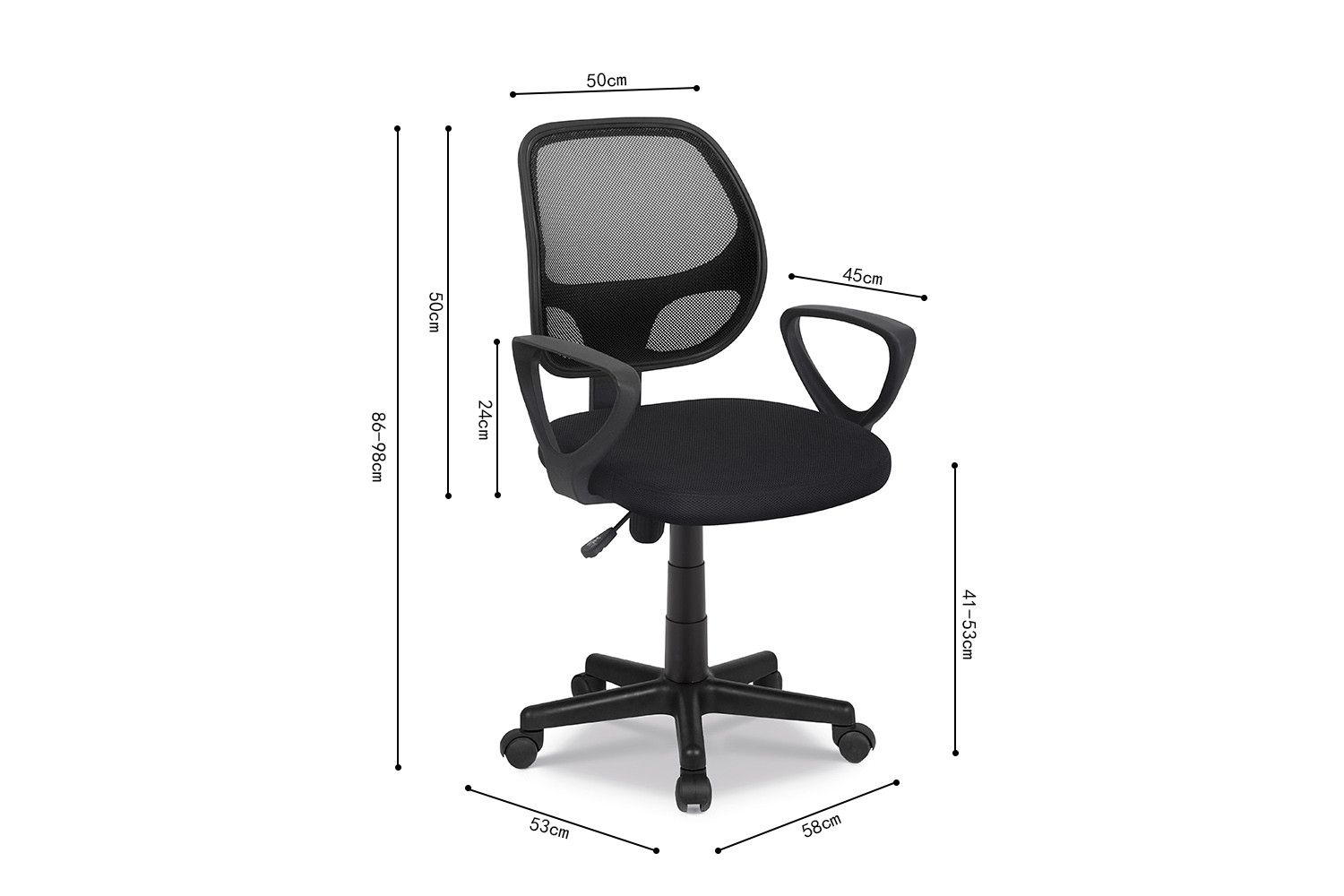 Bureaustoel 'Hippa' Mesh Zwart (1c): zwart gaas, armleuningen, vijfwielonderstel. Afmetingen: rugleuning 50x59cm, zitdiepte 45cm, zitbreedte 53cm, basis 58cm breed, verstelbare zithoogte 41-53cm.