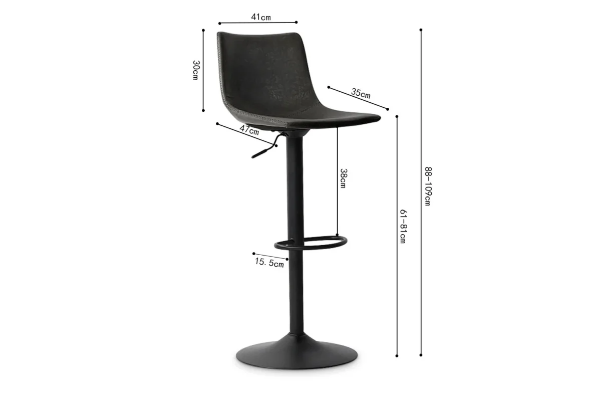 Barstoel 'Trevi' PU Zwart (2 per doos): zwart met gebogen rugleuning en metalen basis, zitbreedte 41cm, rughoogte 30cm, zitdiepte 35cm, zithoogte verstelbaar 61-81cm, totale hoogte 88-107cm, voetsteun op 15.5cm.
