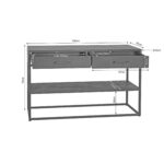 De Sidetable Denver | Mangohout en metaal is een grijze consoletafel met 2 laden (50,5 cm & 28 cm breed, 7 cm hoog), een onderste plank en gemarkeerde plankhoogtes. Afmetingen: 120 cm breed, 76 cm hoog, 36 cm diep.