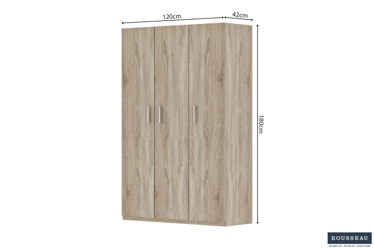 De Opbergkast 'Mike' 120 cm 3 deuren Sonoma (3c) is een driedeurs houten kast in een licht eiken afwerking met zilveren handgrepen, meet 120x42x180 cm en is voorzien van het Rousseau merklogo in de rechter benedenhoek.
