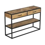 De Sidetable Arlington | 2 lades is een moderne consoletafel met een zwart metalen frame, twee houten lades met handgrepen, een onderste houten plank en een natuurlijke afwerking met een visgraatmotief op het tafelblad.