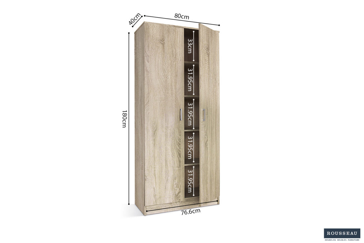 De Opbergkast 'Ray' 2 deuren en 4 legplanken Sonoma (1c) is een hoge houten kast (180x80x40 cm) met vijf binnenplanken, hoog: 39,5 cm, 31,95 cm (×3), en 33,5 cm.