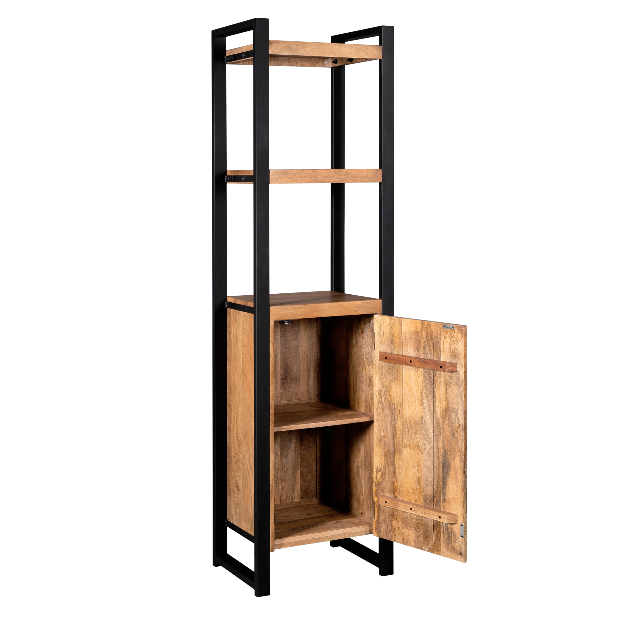 Boekenkast Boaz | 1 deur: Hoge boekenkast met een zwart metalen frame, licht houten planken, drie open etages en een onderkast met twee planken en een enkele open deur.
