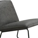 Een close-up van de Fauteuil James in microleder antraciet, met een donkergrijze zitting en rugleuning met kussens en slanke zwarte metalen poten tegen een witte achtergrond.