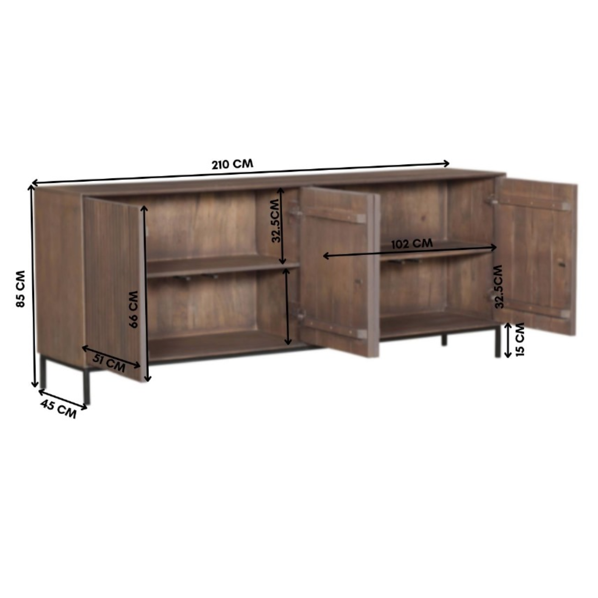 De Dressoir Madison Walnoot | 210 cm is een bruin houten dressoir met twee open deuren die planken onthullen. Afmetingen: 210x85x45 cm; planken 32,5 cm hoog, vakken 102 cm breed en 51 cm diep.