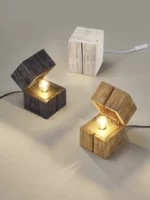 De TRIO Tafellamp TREASURE bestaat uit drie kubusvormige houten lampen met scharnierende deksels die gloeilampen binnenin onthullen. Deze stijlvolle lampen zijn verkrijgbaar in zwart, lichtbruin en beige en rusten op een neutrale achtergrond.