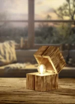 De TRIO Tafellamp TREASURE gloeit warm in een open zeshoekige houten kist op een rustieke tafel, met een zacht vervaagde woonkamer en een groot raam met zonsondergang op de achtergrond.