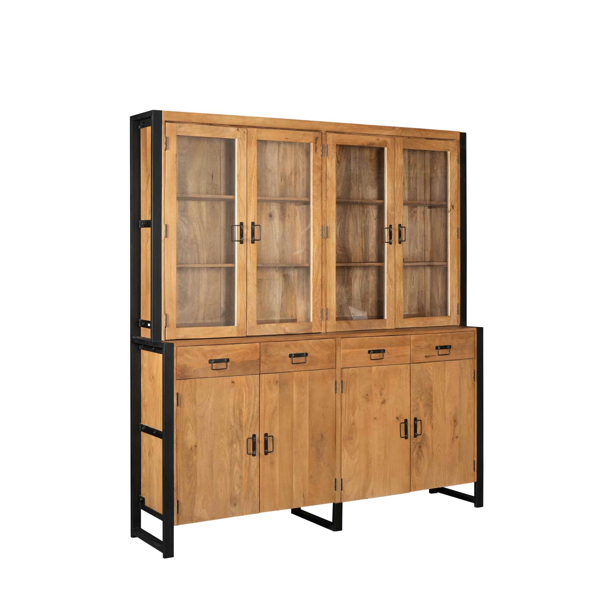 De Vitrinekast Boaz XXL is een houten kast met een zwart metalen frame, vier glazen bovendeuren, vier massieve onderdeuren en vier centrale laden - ideaal voor opslag en display.