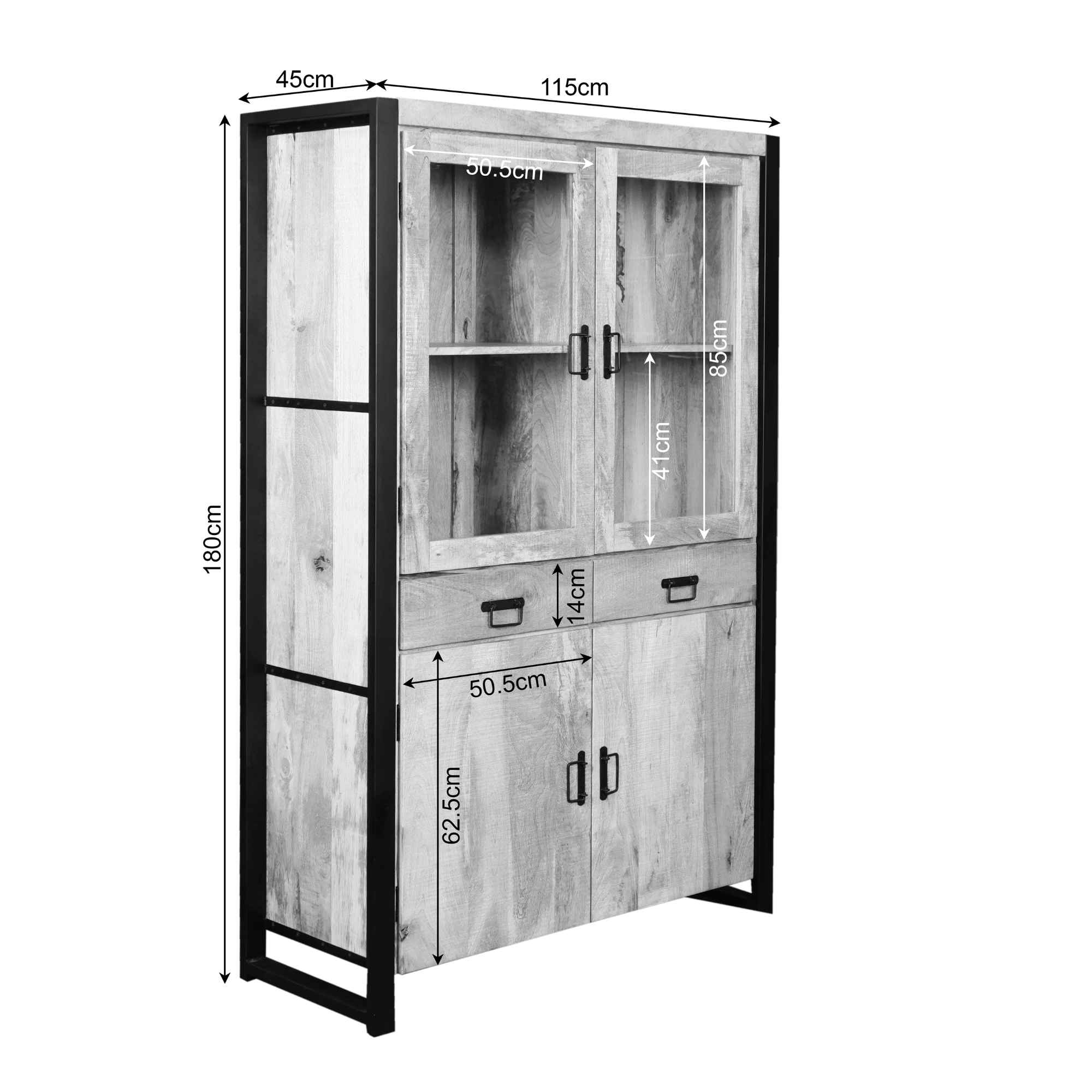 De Vitrinekast Boaz 115 cm is een hoge houten kast met een zwart metalen frame, twee glazen bovendeuren, twee massieve onderdeuren en twee lades. Afmetingen: 180×115×45 cm. Gedetailleerde binnenmaten worden meegeleverd.