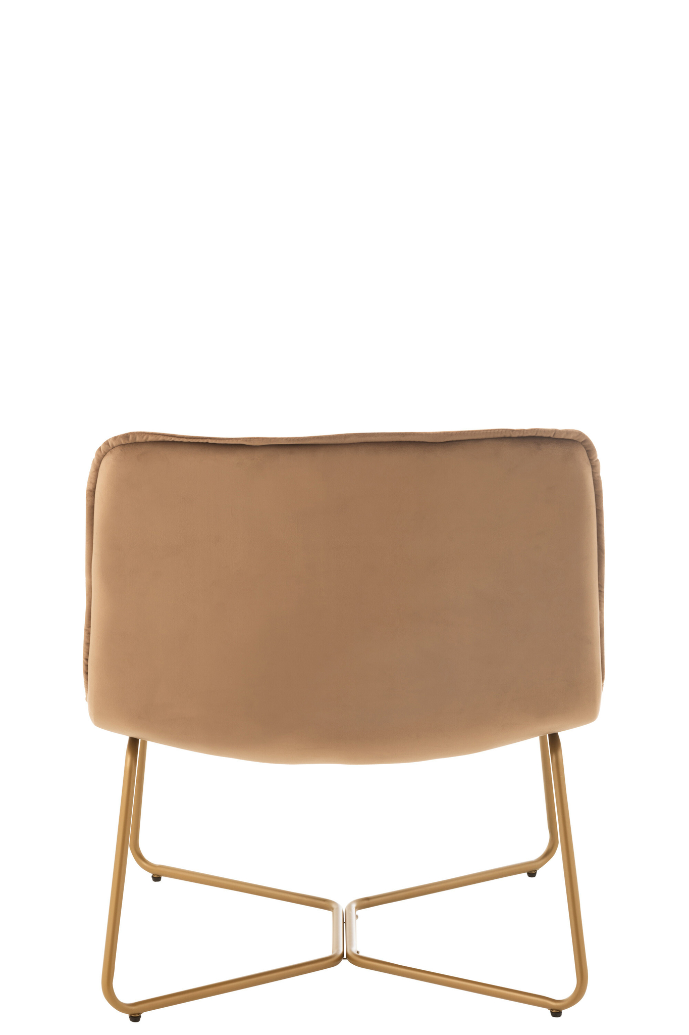 De Ligstoel Lisa Bruin Metaal/Textiel is een moderne stoel met een lichtbruin gestoffeerde rugleuning en goudkleurige metalen poten, van achteren gezien tegen een witte achtergrond.