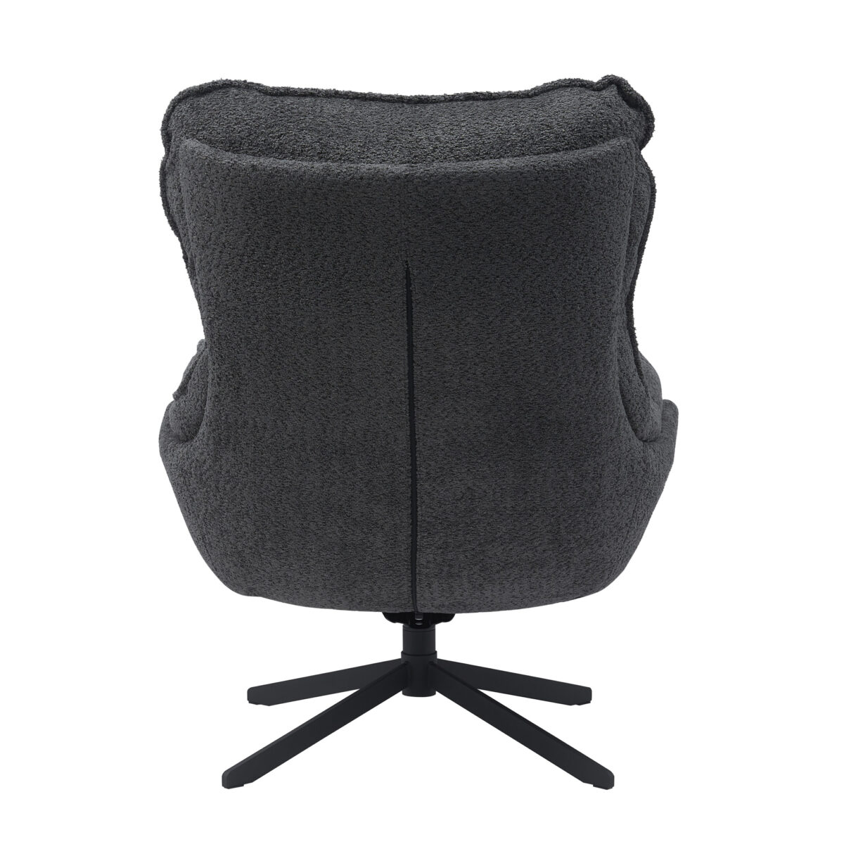 De Fauteuil Vera Dark Grey is een moderne draaistoel met donkergrijze bekleding en een zwart metalen onderstel, getoond vanaf de achterkant.