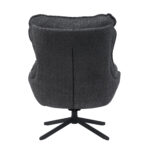 De Fauteuil Vera Dark Grey is een moderne draaistoel met donkergrijze bekleding en een zwart metalen onderstel, getoond vanaf de achterkant.