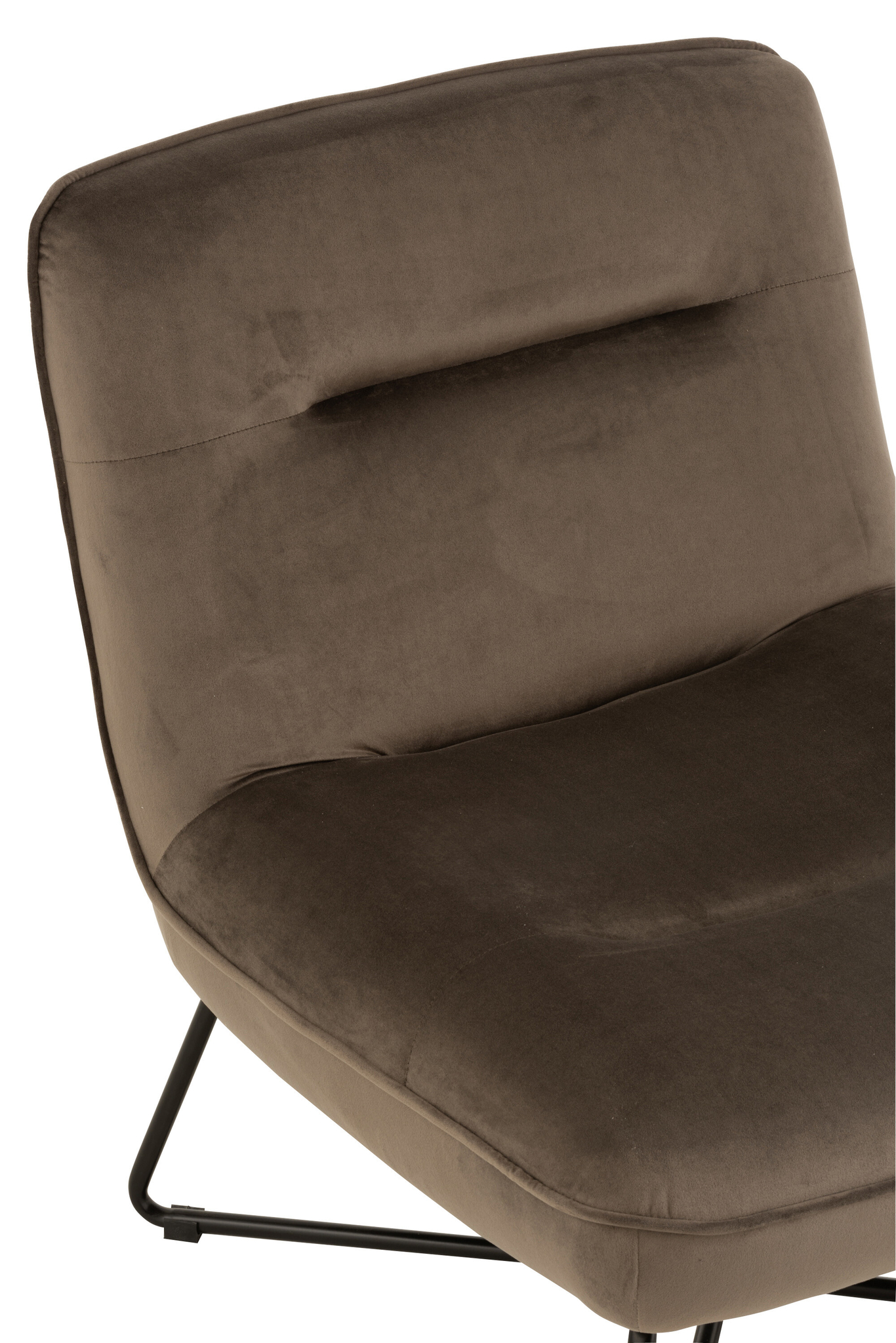 Een close-up van de Ligstoel Frame Donkergrijs Textiel/Metaal stoel toont de gecapitonneerde donkergrijze textielen zitting en rugleuning, samen met een deel van het frame en de slanke zwart metalen poten.