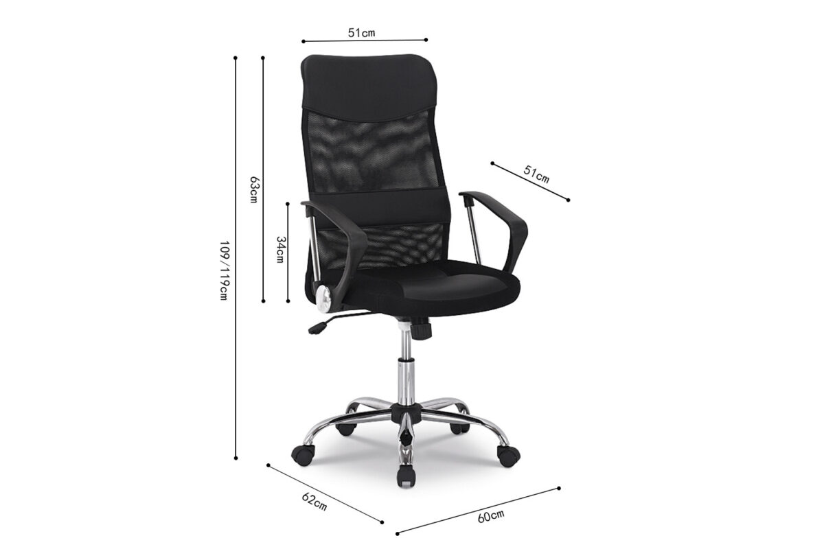 Bureaustoel 'Max' Mesh Zwart (1c): zwarte ergonomische bureaustoel met mesh rugleuning, verstelbare hoogte, armleuningen en vijfwielige chroom basis. Afmetingen: 106-118 cm hoog, 51 cm breed, 60 cm diep, zitdiepte 51 cm, basis 62 cm breed, armleuninghoogte 25 cm.