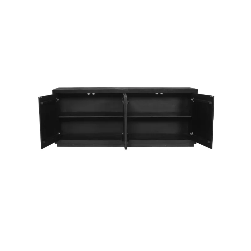 De Dressoir Brussel Black 4 deurs (200 cm) is een zwarte rechthoekige kast met twee open deuren die binnenin twee planken onthullen, afgebeeld tegen een witte achtergrond.