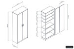 Isometrisch schema van SALE - Opbergkast 'Space' 2 deuren en 5 legplanken Sonoma (1c) hoge kast, twee deuren, gemonteerd en geëxplodeerd afgebeeld. Hoogte, breedte en plankafstand in cm. Rousseau logo in rechter benedenhoek.