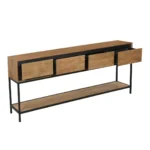 De Sidetable RichWood | 180 cm heeft een modern ontwerp met een zwart metalen frame, houten romp, drie lades aan de voorkant (waarvan er één open is om opbergruimte te onthullen) en een onderste houten plank.