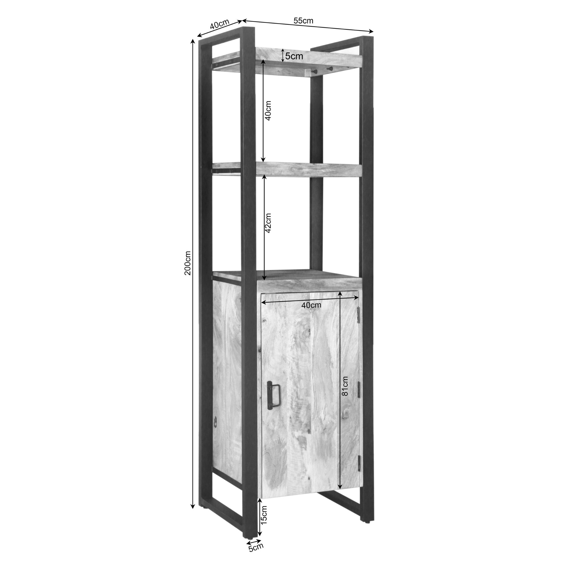 De Boekenkast Boaz | 1 deur is een hoge, rechthoekige stellingkast met drie open vakken en een onderkast van 200 cm hoog, 56 cm breed en 40 cm diep. Individuele plank- en kasthoogtes zijn ook aangegeven in centimeters.