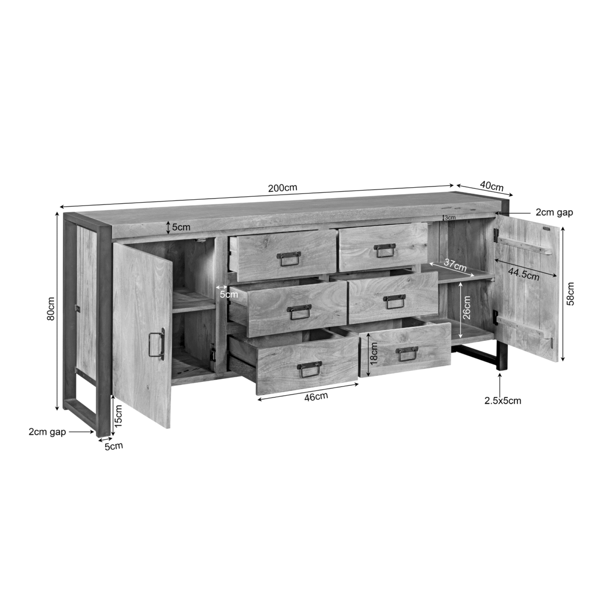 Dressoir Boaz 200 cm dressoirkast met zes laden en drie deuren die opengaan om vakken te onthullen. Afmetingen: 200cm breed, 80cm hoog, 40cm diep. De afmetingen van de laden en planken op het etiket benadrukken de binnenste opbergruimtes.