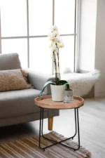 De Mirrors and More Bijzettafel JETTE, een kleine ronde houten tafel met zwarte metalen poten, houdt een witte orchidee in pot en een glazen kaars naast een grijze bank met een bruin kussen in een lichte woonkamer.