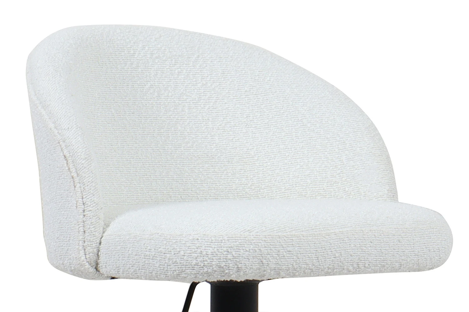 Barstoel 'Arda' Bouclé Wit (2 per doos) is een moderne armloze stoel met een ronde rugleuning, witte bouclé bekleding en een zwart metalen onderstel.