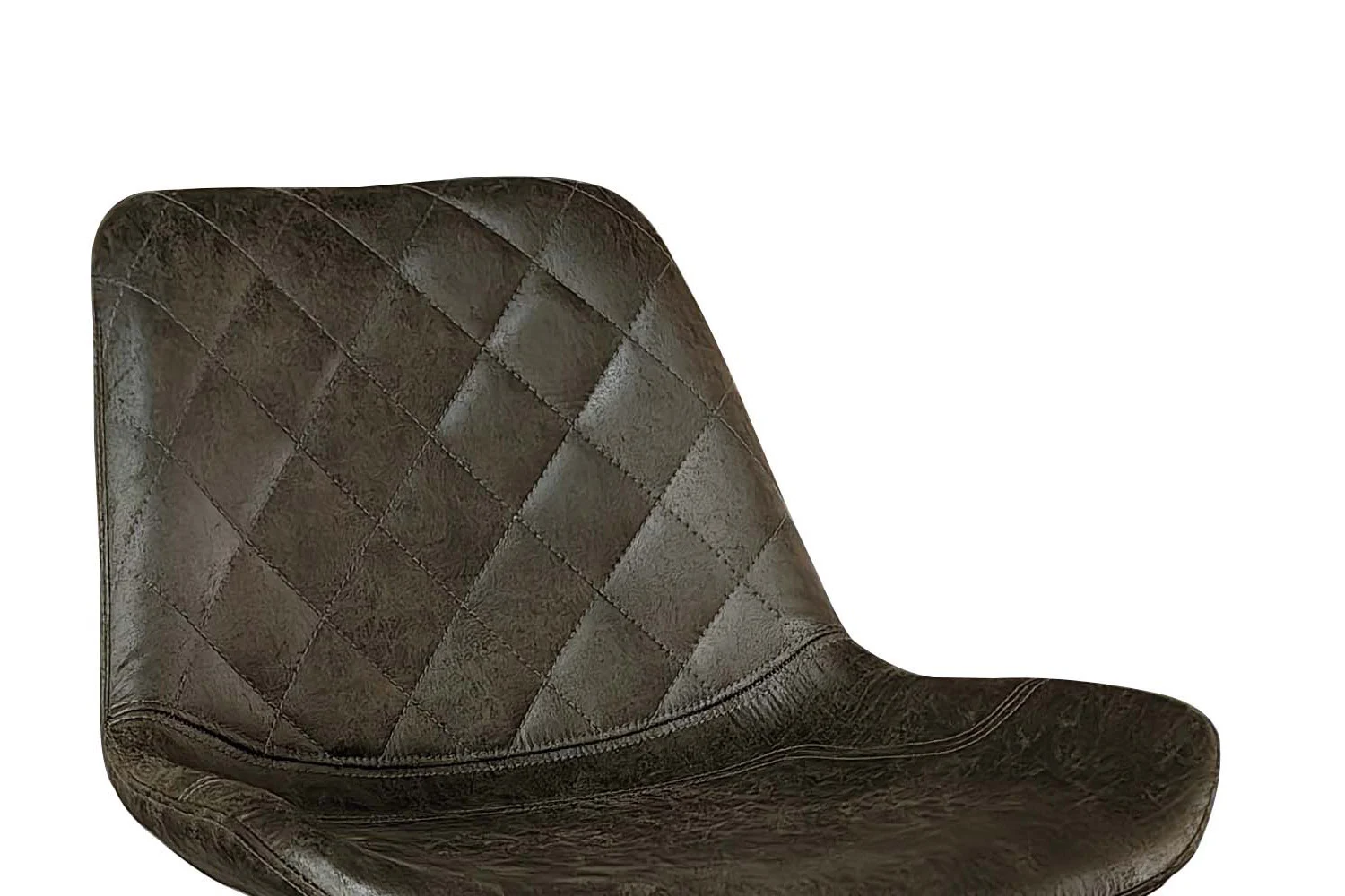 Close-up van de Barstoel 'Madrid' PU Ote Topper 05 Donkerbruin met donkerbruine, gewatteerde lederlook zitting en rugleuning met ruitvormige stiksels, geïsoleerd op een witte achtergrond. (2 per doos).