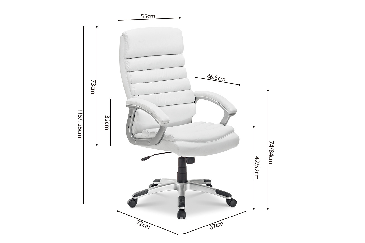 SALE - Bureaustoel 'Kennedy' PU Wit (1c): Een witte bureaustoel met gecapitonneerde zitting, rugleuning en armleuningen op een onderstel met vijf wielen. De afbeelding toont gelabelde afmetingen voor breedte, hoogte, diepte, zithoogte en armleuningposities.